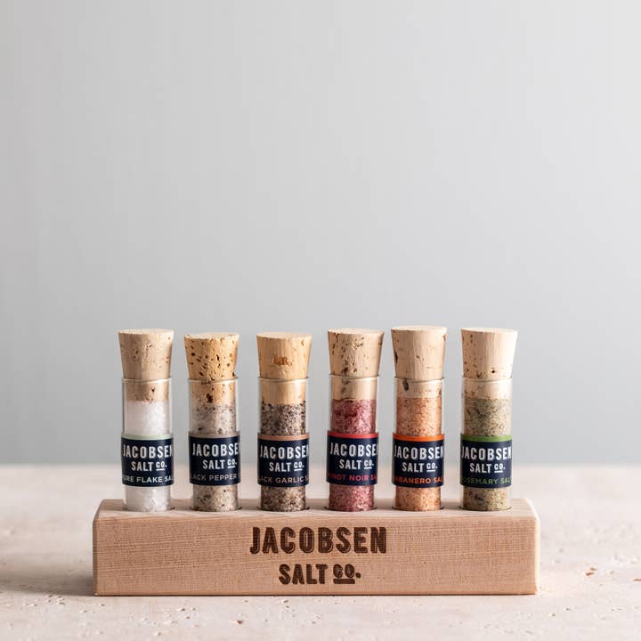 Jacobsen Salt Co. Six Vial Set Infused Salt With Wooden Stand